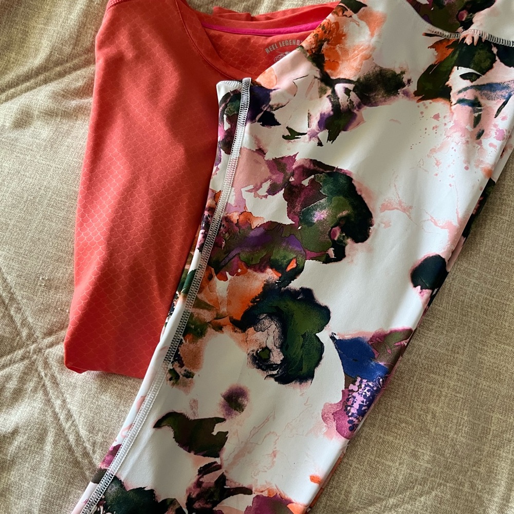 Vibrant Floral yoga pants with orange shirt